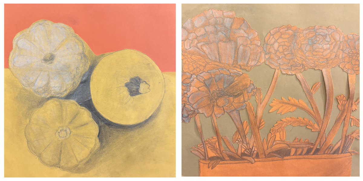 Art featuring gourds and fall plants