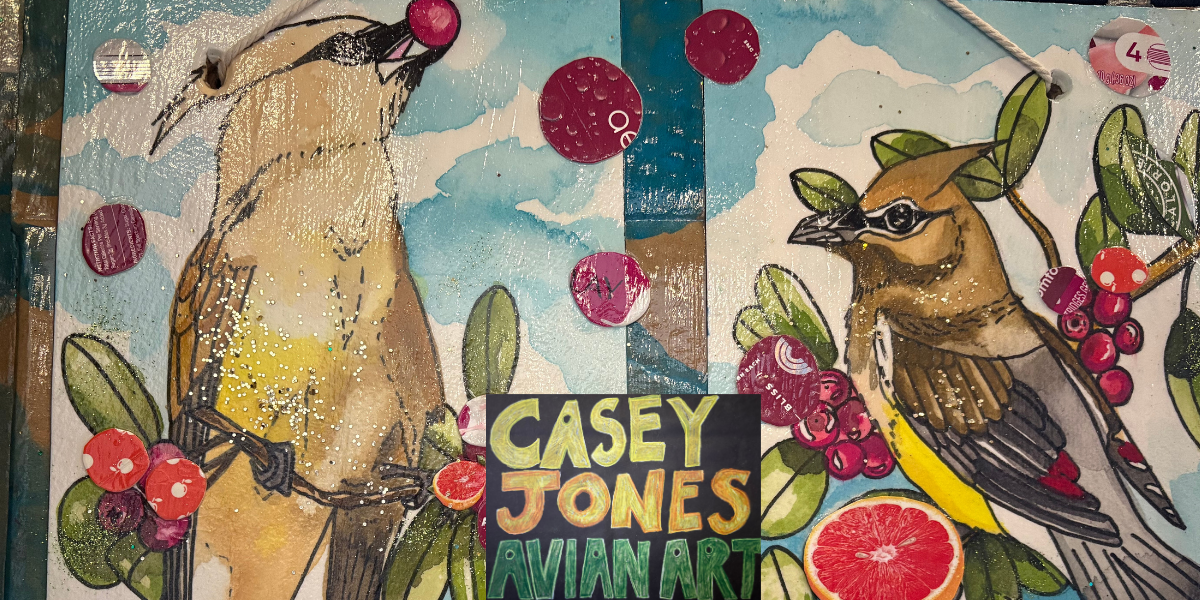 A colorful collection of bird art made of recycled materials