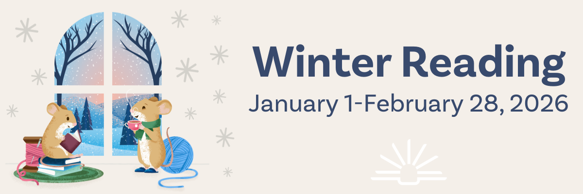 Graphic of two mice, one reading a book, the other knitting, both sitting in front of a window with a wintry scene