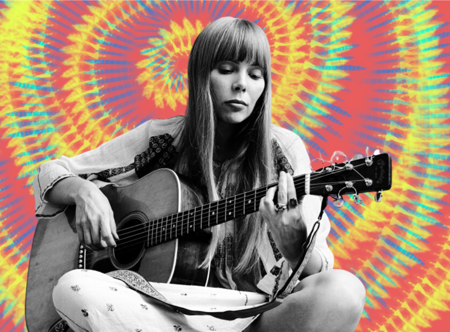 Joni Mitchell sitting with a guitar and psychedelic background