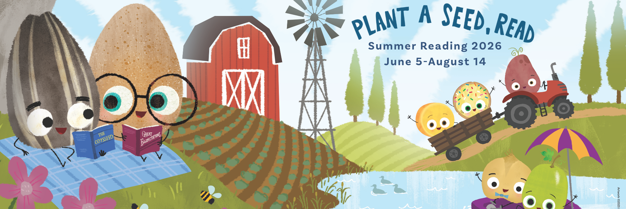 Colorful graphic with cartoon seeds reading on a farm