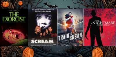 Halloween collage of four separate film posters: The Exorcist, Scream, Train to Busan, and A Nightmare on Elm Street