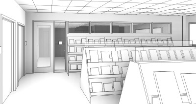 Books shelves and doorway in black and white