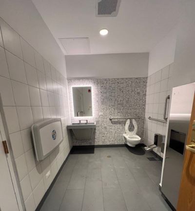 Public bathroom with gray floor and white walls