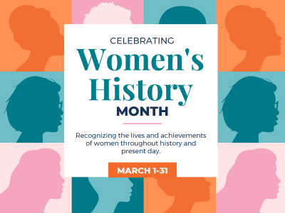 A graphic composed of colorful square with silhouettes of women