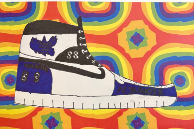 Psychedelic background with sketch of a shoe   