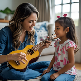 Mom showing ukulele to young girl