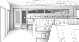 Books shelves and doorway in black and white