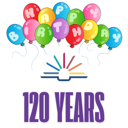 120 Years with library logo and birthday balloons
