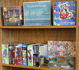 Bookshelf containing assorted puzzles
