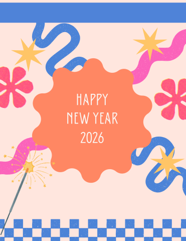 A sign reading Happy New Year 2026 in orange and blue with flowers.