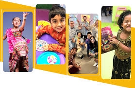 4 pictures, 1 of a child dancing, 1 of a child doing art, 1 of a child holding a book, and 1 of a group of people dancing.