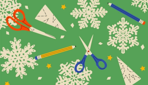 Drawing of paper snowflakes, scissors, and pencils against green background.