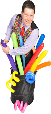 A man with many colored balloons.