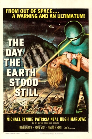 Poster for The Day The Earth Stood Still showing a robot shooting a beam out of its helmet.