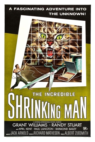 Poster for The Incredible Shrinking Man showing a miniature person being menaced by a lion.