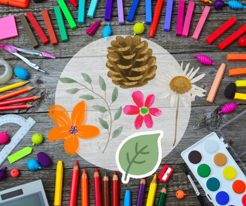 Art supplies surrounding a circle with leaves, flowers, and a pine cone.