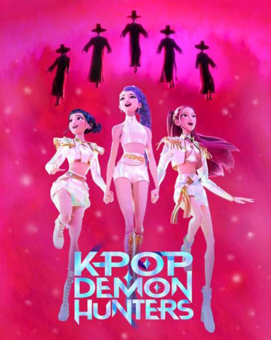 A picture of the 3 girls against a pink background reading K-Pop Demon Hunters.