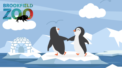 Two penguins on an iceberg in the ocean with text reading Brookfield Zoo.