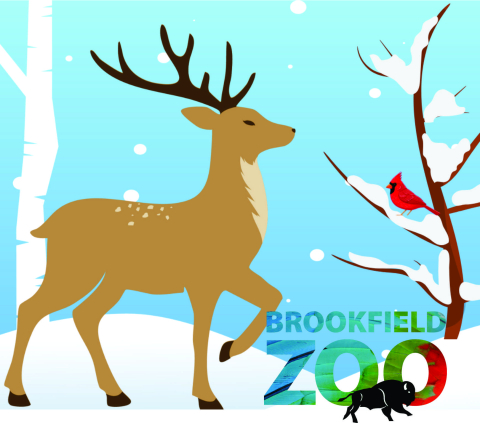 A deer and cardinal with snowy background