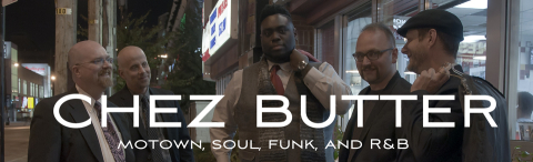 Header for Chez Butter, with a photo of the band members