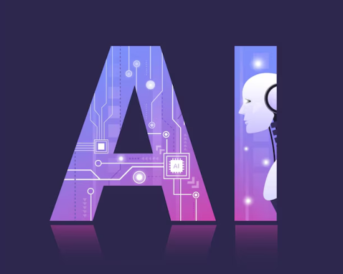 Purple letters spelling "AI" with robotic imagery inside the letters