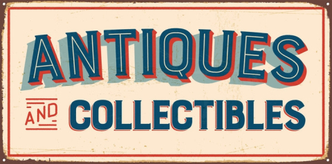 Tan-colored sign that reads "Antiques and Collectibles"