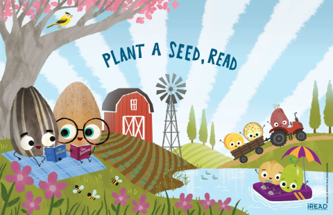 Drawing of seeds with faces sitting by a pond with text "plant a seed, read."