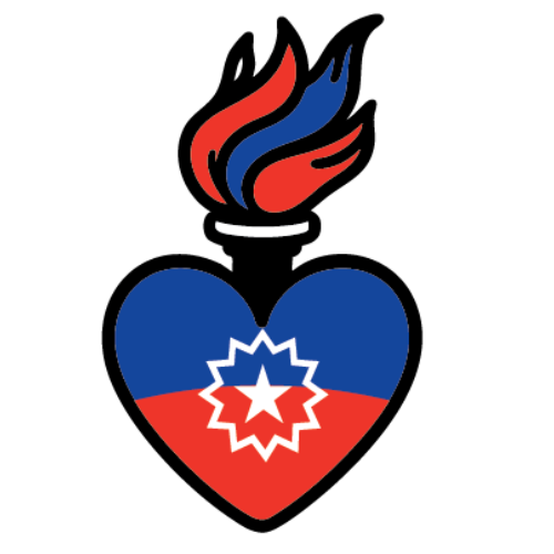 Red and blue heart with red and blue flames at the top