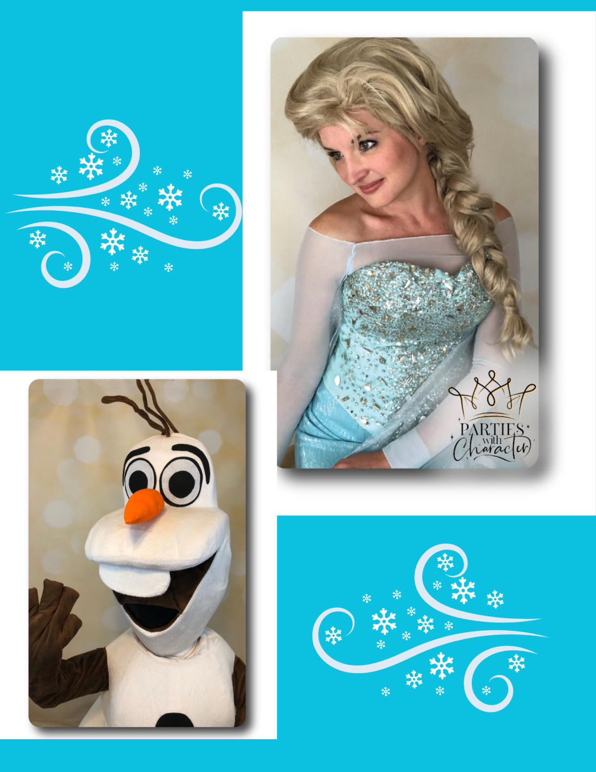 Picture of Elsa and Olaf as costumes against blue background.