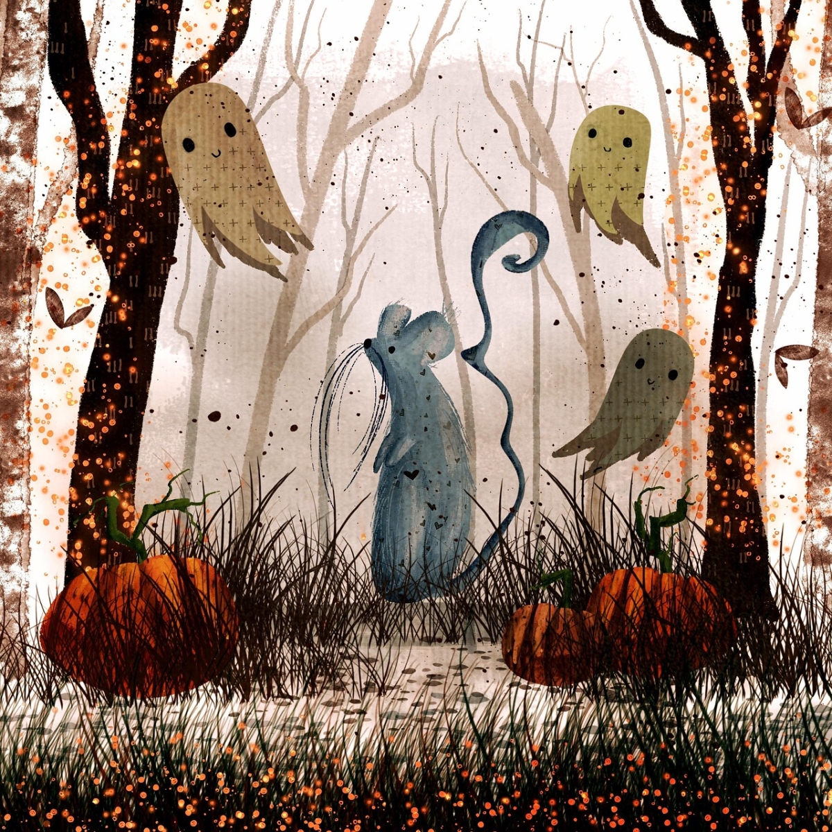 Drawing of mouse in woods with ghosts and pumpkins.