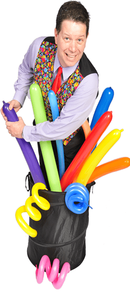 A man with many colored balloons.
