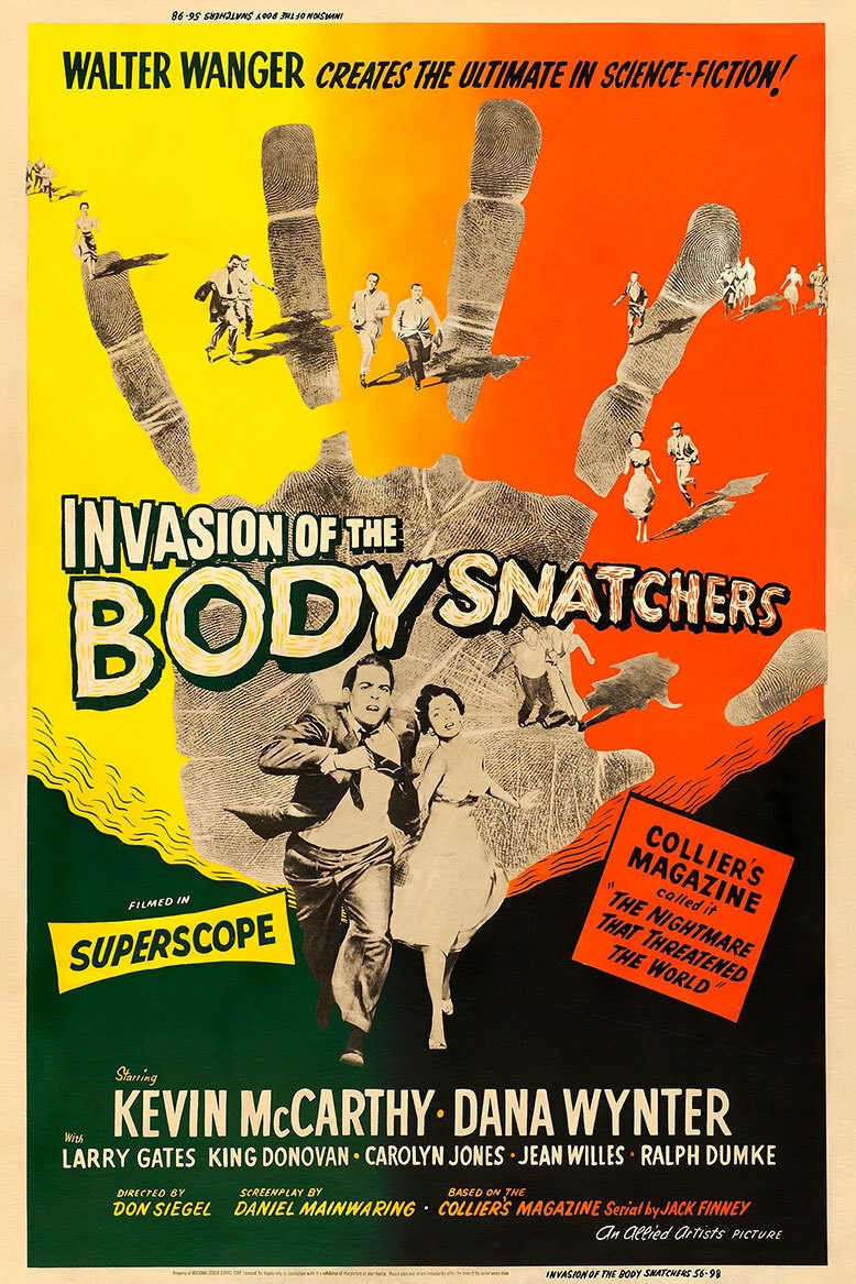 Poster for Invasion of the Body Snatchers, showing two people running away from a large hand.