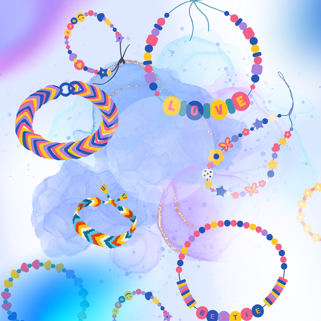 Blue background with drawings of friendship bracelets.