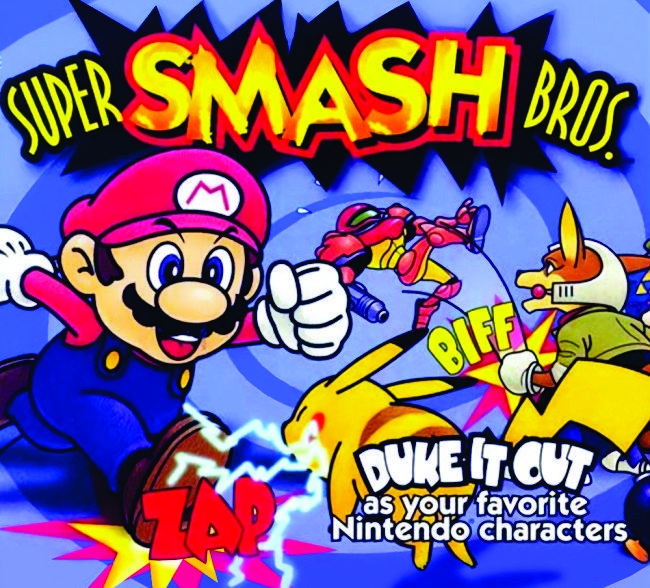 Cartoon style graphic of Smash Bros with Mario