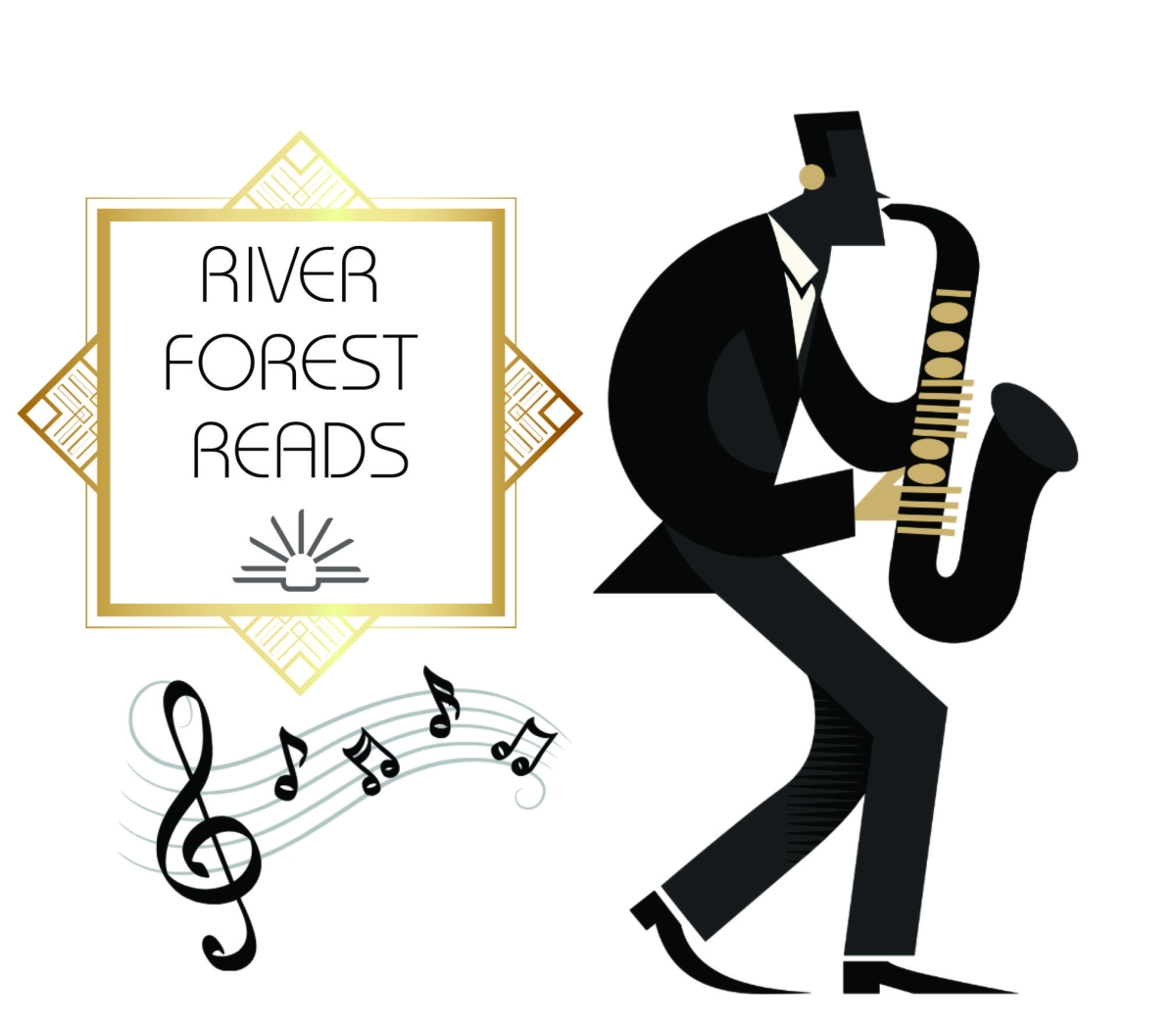 Silhouette of saxophone player and music notes