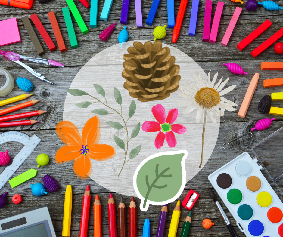 Art supplies surrounding a circle with leaves, flowers, and a pine cone.