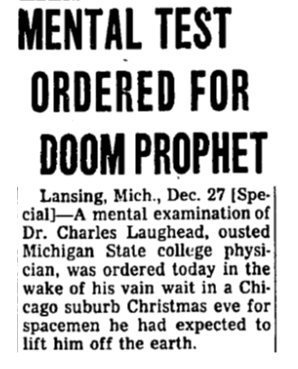 Newspaper headline: "mental test ordered for doom prophet"