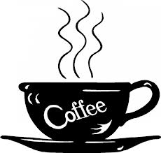 A black and white drawing of a steaming cup of coffee