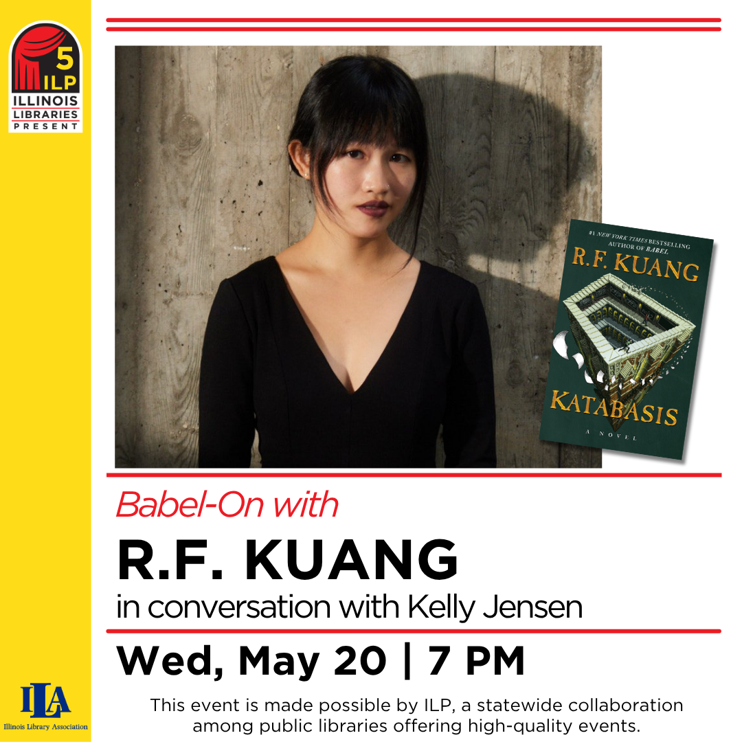 Author photo of RF Kuang with the date of the event, May 20 at 7 pm