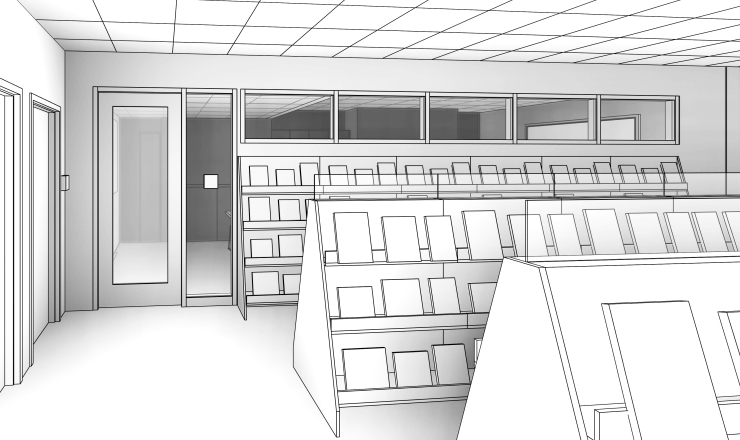 Books shelves and doorway in black and white