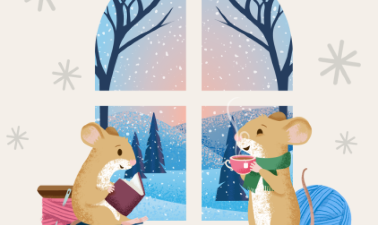 Graphic with two mice in front of a wintry scene. One is reading and the other is knitting.