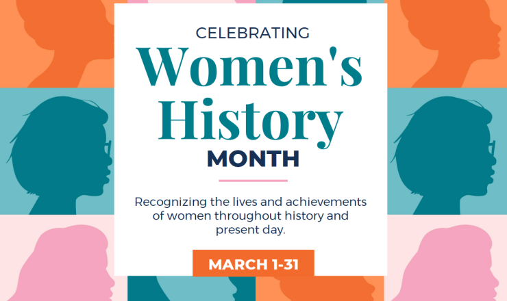 A graphic composed of colorful square with silhouettes of women