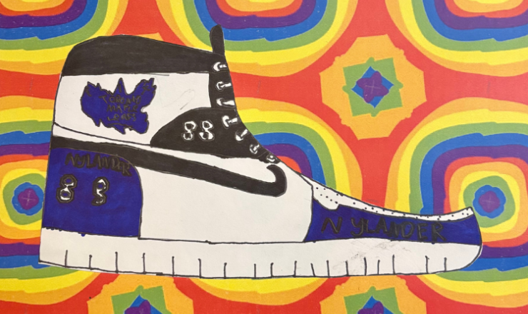 Psychedelic background with sketch of a shoe   