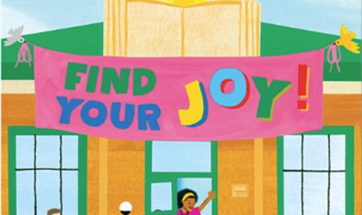 Library building with happy people in front and a sign that says Find Your Joy