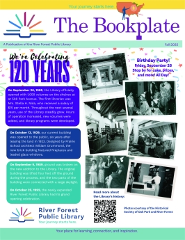 Front cover of the bookplate featuring old photos of library building